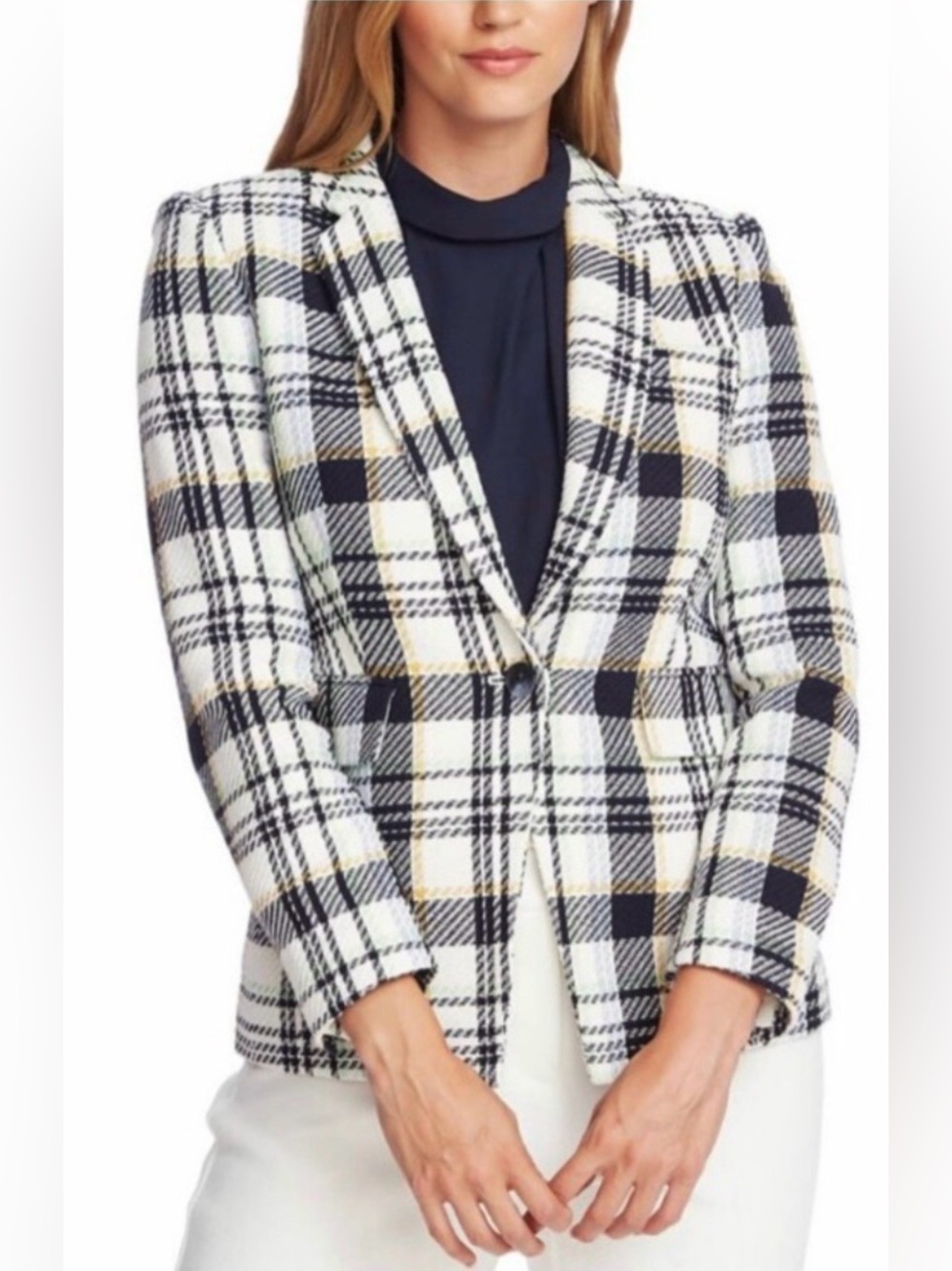 NWT Vince Camuto White Blue Cotton Plaid-Print One-Button Blazer / 6